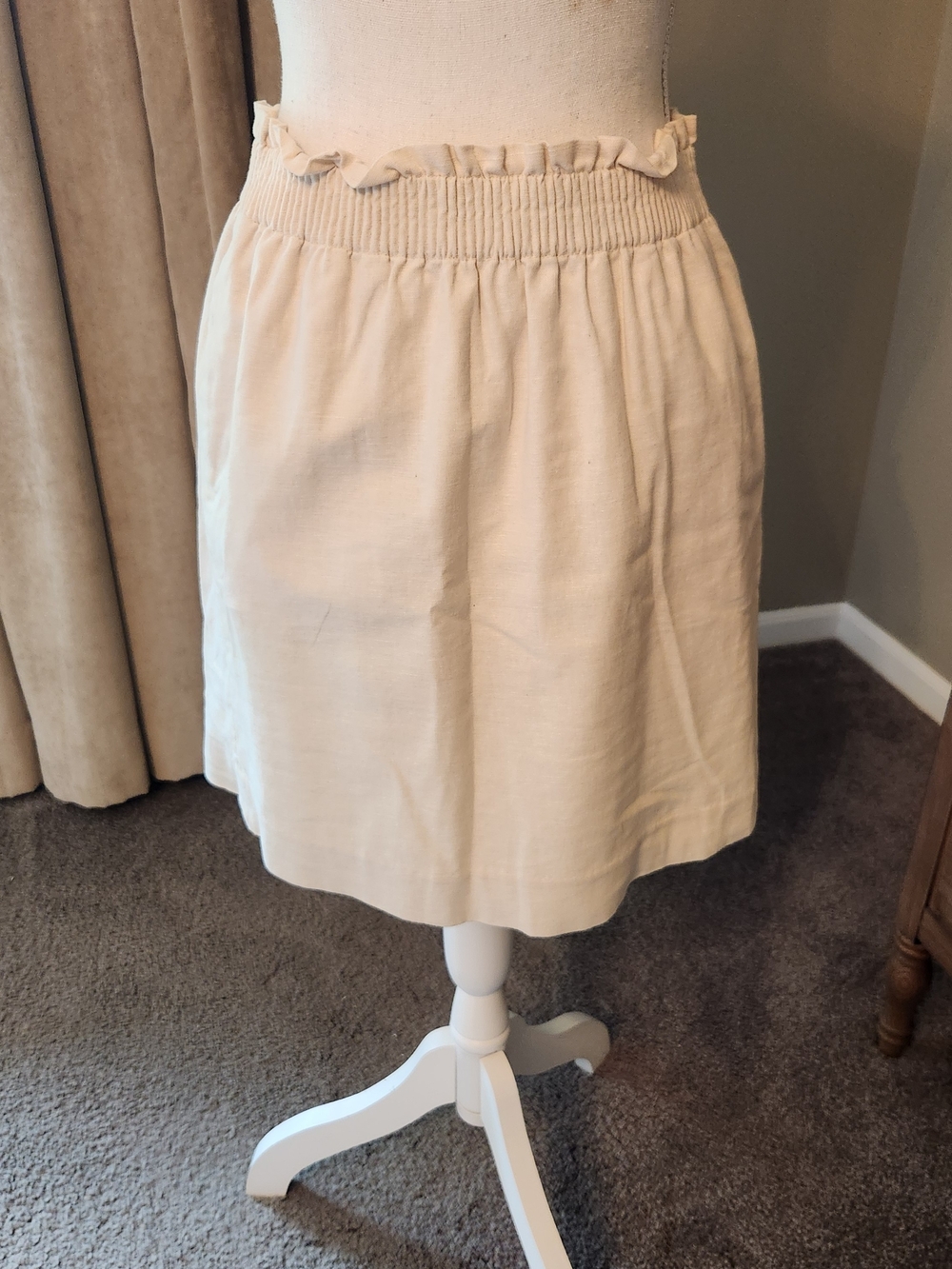 J. Crew Cream Smocked-Waist Midi Skirt with Ruffle Trim